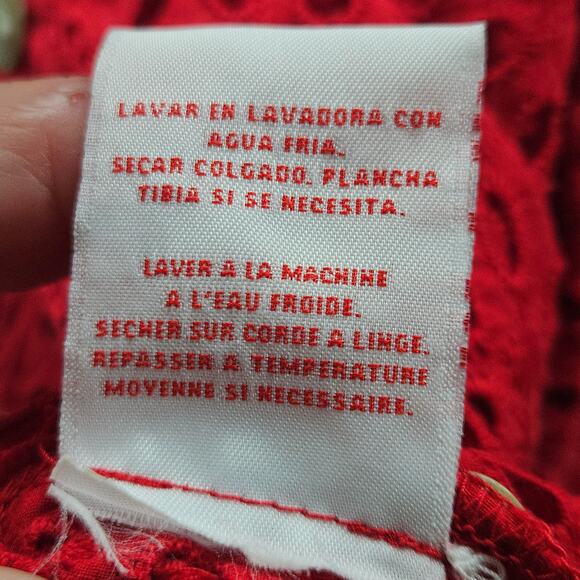 Ruby Red eyelet blouse beach coverup red cinched pleat on back button tab sleeve - Picture 6 of 7